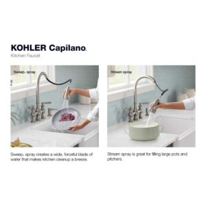 Kohler Capilano 2-Handle Bridge Farmhouse Pull-Down Kitchen Faucet with Soap Dispenser and Sweep Spray in Vibrant Stainless