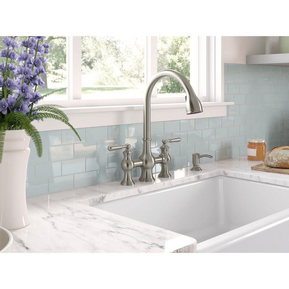 Kohler Capilano 2-Handle Bridge Farmhouse Pull-Down Kitchen Faucet with Soap Dispenser and Sweep Spray in Vibrant Stainless