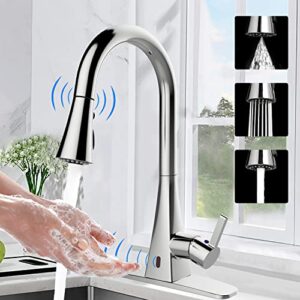 touchless kitchen faucet with pull down sprayer, anbsr motion sensor automatic kitchen sink faucet pull out sprayer single handle 3 hole 3 setting polished chrome stainless steel kitchen faucet