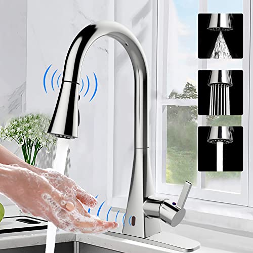 Touchless Kitchen Faucet with Pull Down Sprayer, ANBSR Motion Sensor Automatic Kitchen Sink Faucet Pull Out Sprayer Single Handle 3 Hole 3 Setting Polished Chrome Stainless Steel Kitchen Faucet