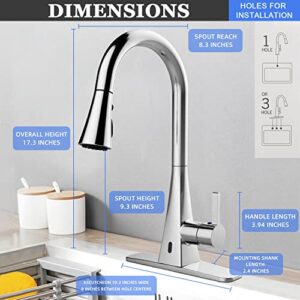 Touchless Kitchen Faucet with Pull Down Sprayer, ANBSR Motion Sensor Automatic Kitchen Sink Faucet Pull Out Sprayer Single Handle 3 Hole 3 Setting Polished Chrome Stainless Steel Kitchen Faucet