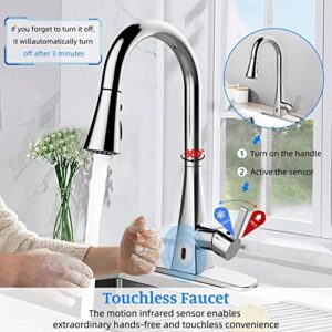 Touchless Kitchen Faucet with Pull Down Sprayer, ANBSR Motion Sensor Automatic Kitchen Sink Faucet Pull Out Sprayer Single Handle 3 Hole 3 Setting Polished Chrome Stainless Steel Kitchen Faucet