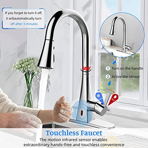 Touchless Kitchen Faucet with Pull Down Sprayer, ANBSR Motion Sensor Automatic Kitchen Sink Faucet Pull Out Sprayer Single Handle 3 Hole 3 Setting Polished Chrome Stainless Steel Kitchen Faucet