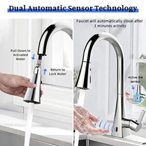 Touchless Kitchen Faucet with Pull Down Sprayer, ANBSR Motion Sensor Automatic Kitchen Sink Faucet Pull Out Sprayer Single Handle 3 Hole 3 Setting Polished Chrome Stainless Steel Kitchen Faucet