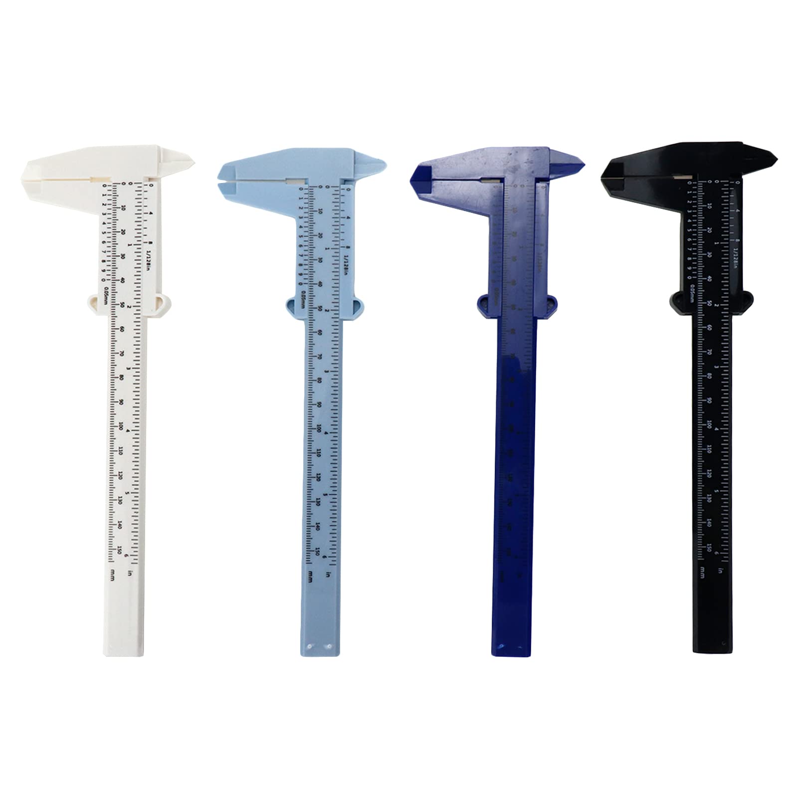 Curqia 4pcs Mini Plastic Vernier Calipers Portable Measuring Tools Double Scale Ruler for School Student 150mm/6" White/Blue/Dark Blue/Black