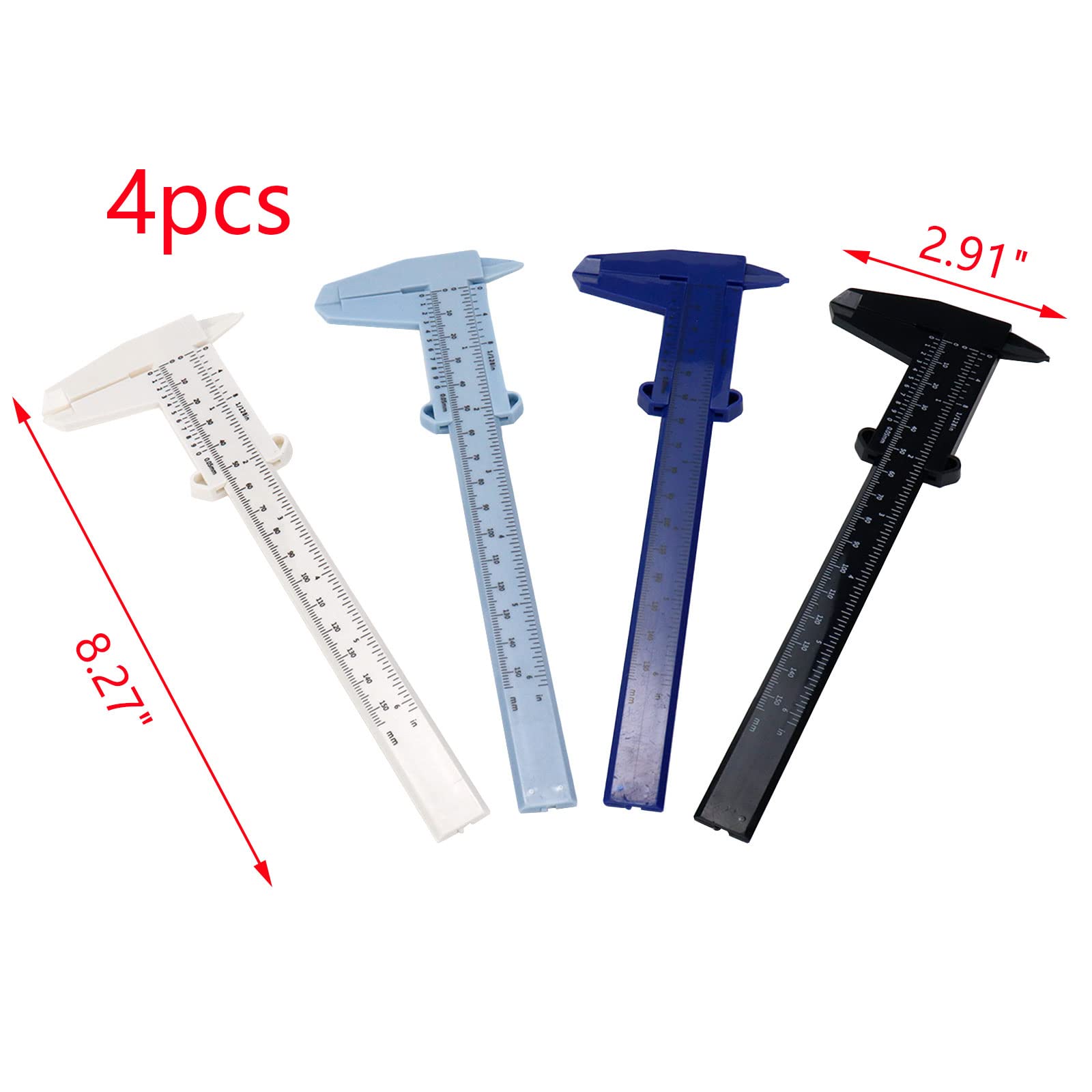 Curqia 4pcs Mini Plastic Vernier Calipers Portable Measuring Tools Double Scale Ruler for School Student 150mm/6" White/Blue/Dark Blue/Black