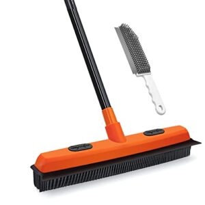 rubber broom jehonn carpet rake for pet hair remover, fur removal with squeegee, portable detailing brush brush, 50 inches telescopic long handle for fluff carpet