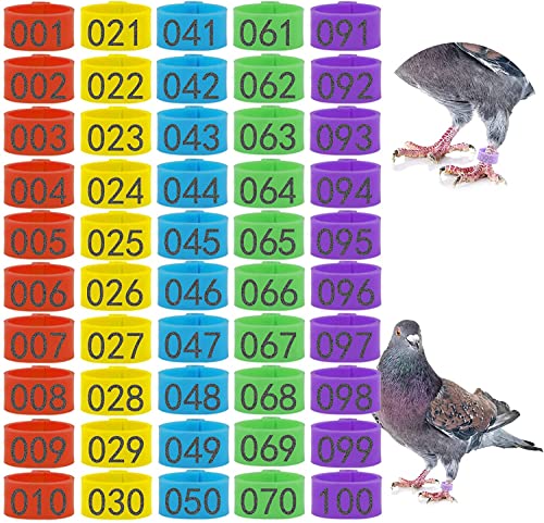 100Pcs 8mm Bird Leg Bands Rings - Colorful 001-100 Numbered Pigeon Foot Rings Birds Tags Leg Bands Clip for Quail, Dove, Lovebirds, Finch and Small Poultry