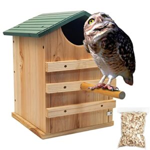 prolee screech owl house hand made 14 x 10 inch with bird stand design, 100% cedar wood owl box with mounting screws and a bag of wood shavings, easy assembly required