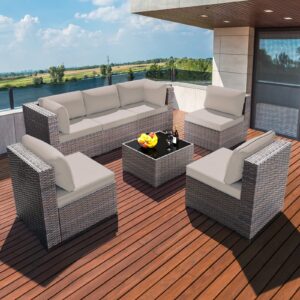 Grezone 7 Pieces Outdoor Sectional Furniture High Backrest Patio Sofa, All-Weather PE Rattan Patio Conversation Set with Coffee Table & Cushions and Black-Glass Table (Cream)