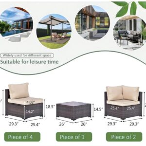 Grezone 7 Pieces Outdoor Sectional Furniture High Backrest Patio Sofa, All-Weather PE Rattan Patio Conversation Set with Coffee Table & Cushions and Black-Glass Table (Cream)