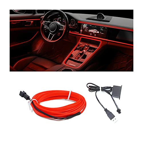 HIPOPY EL Wire Interior Car LED Strip Lights, USB Auto Neon Light Strip with Sewing Edge, 16FT Electroluminescent Car Ambient Lighting Kits with Fuse Protection, Car Decoration Accessories (Red/16FT)