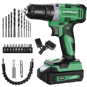 altocraft cordless drill/driver kit 3/8",20v max electric battery power drill set w/22-piece accessories,keyless chuck,variable speed,led light,drilling wall wood metal