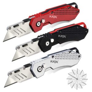 kata 3-pack heavy duty box cutter folding utility knife with zinc alloy body, quick change blades, lock-back design, extra 12pc blades for cartons, cardboard and boxes