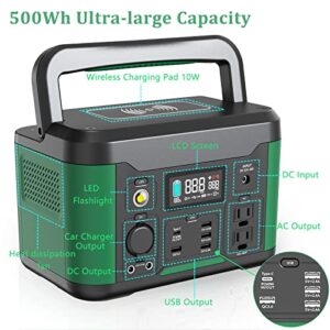 𝟓𝟎𝟎𝐖 𝐏𝐨𝐫𝐭𝐚𝐛𝐥𝐞 𝐏𝐨𝐰𝐞𝐫 𝐒𝐭𝐚𝐭𝐢𝐨𝐧, 515Wh Outdoor Solar Generator Backup Lithium Battery Power Bank with 120V/500W AC Outlet with Flashlight for Outdoors Camping Travel