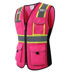 holisecure safety vest for women, hi vis reflective lady work vest with 9 multi pocket and zipper(pink medium)