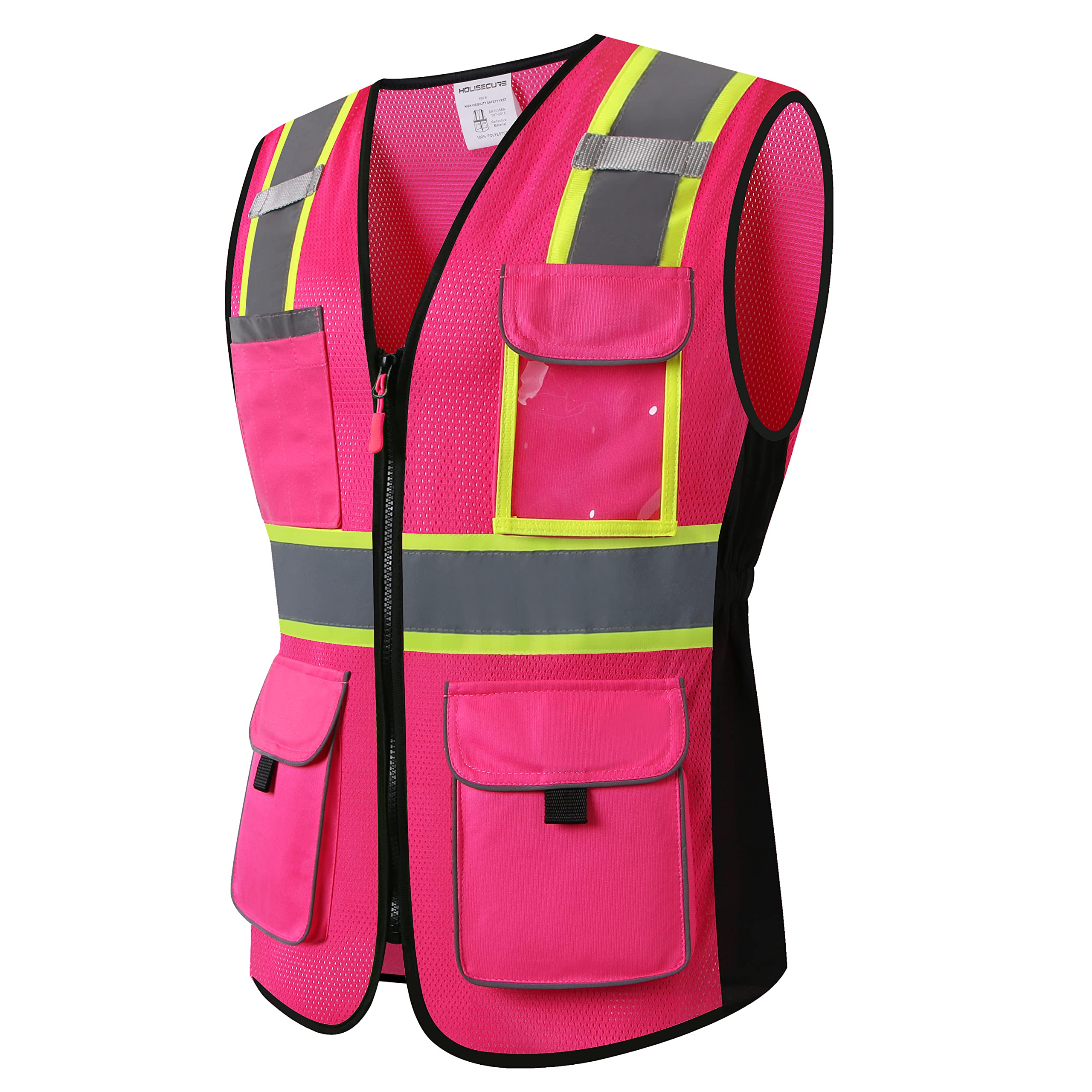 HoliSecure Safety Vest for women, Hi vis Reflective Lady Work vest With 9 Multi Pocket And Zipper(Pink Medium)