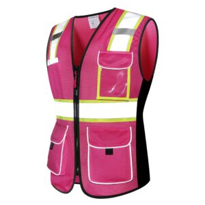 HoliSecure Safety Vest for women, Hi vis Reflective Lady Work vest With 9 Multi Pocket And Zipper(Pink Medium)