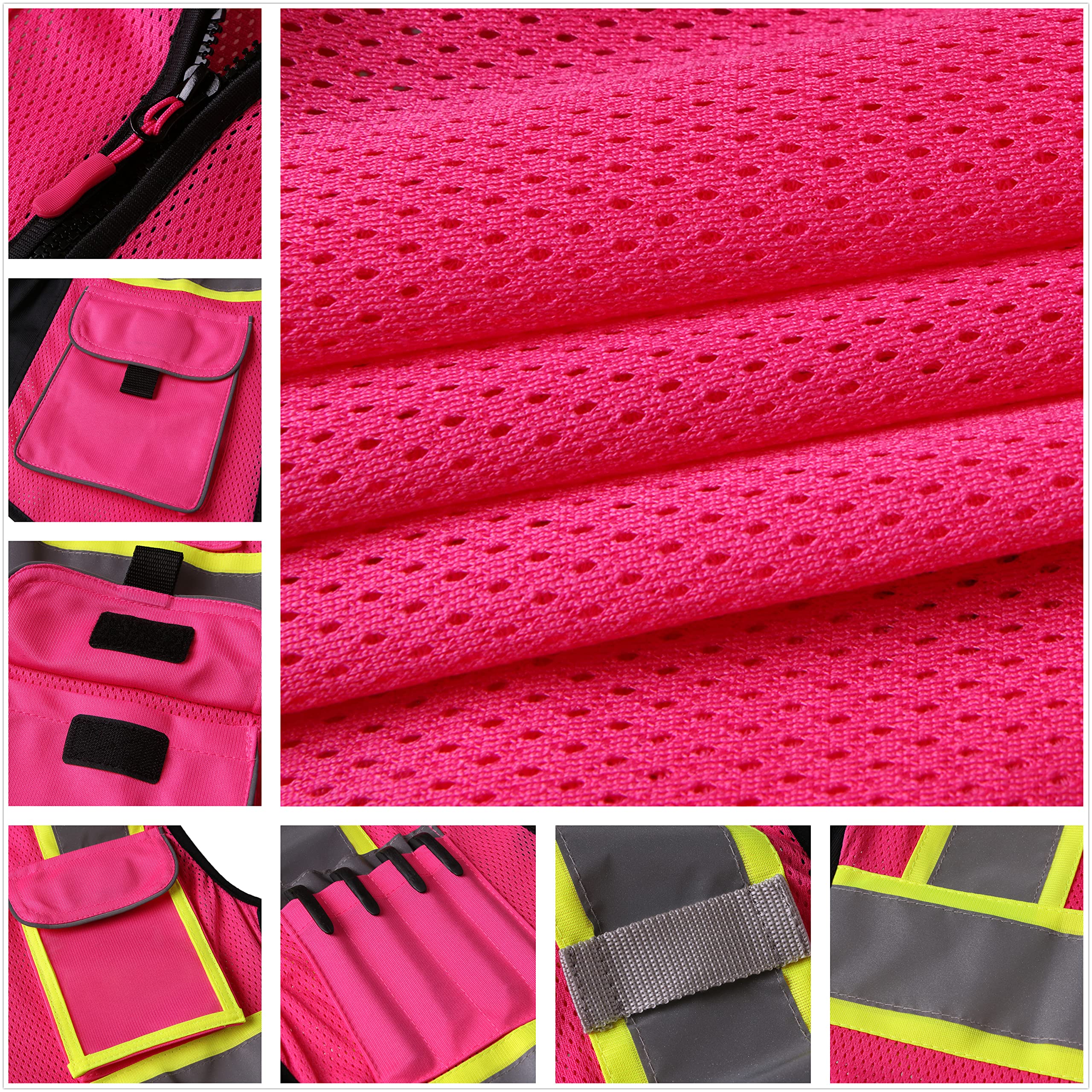 HoliSecure Safety Vest for women, Hi vis Reflective Lady Work vest With 9 Multi Pocket And Zipper(Pink Medium)