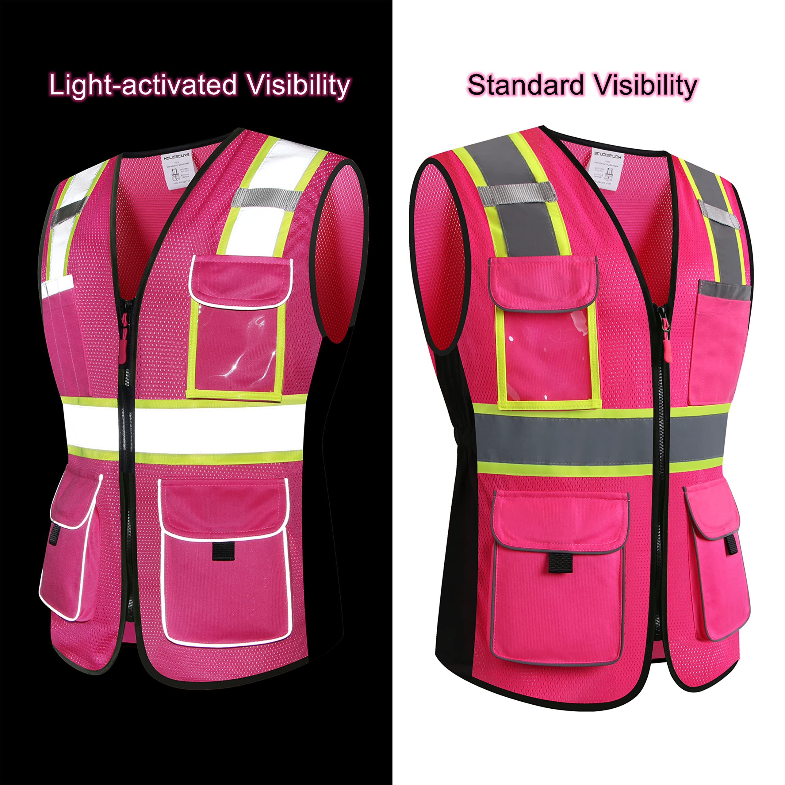 HoliSecure Safety Vest for women, Hi vis Reflective Lady Work vest With 9 Multi Pocket And Zipper(Pink Medium)