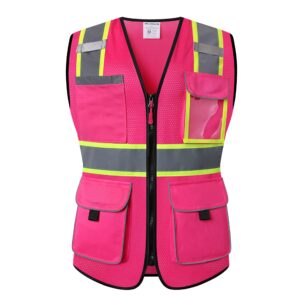 HoliSecure Safety Vest for women, Hi vis Reflective Lady Work vest With 9 Multi Pocket And Zipper(Pink Medium)