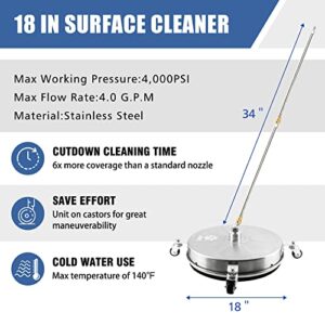 JANZ 18" Pressure Washer Surface Cleaner with 4 Wheels,1/4" Quick Plug,Stainless Steel Housing,2 Extension Wand Attachments, 3 Spray Nozzles and 2 Replacement Nozzles, 4000 PSI