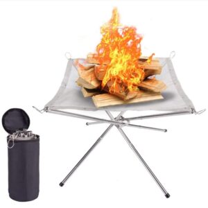 22inch fire pits for outside small foldable fire pit with steel mesh for camping, outdoor hiking with carry bag
