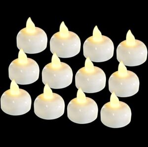 12 pack waterproof flameless floating tealights, christmas battery tealights, battery operated flickering floating tea lights candles in warm yellow for wedding, party, bath, hot tub, spa, pool, pond