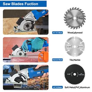 Mini Circular Saw, 6,500RPM Electric Compact Circular Saw, Laser Cutting Guide, Handled Cut Saw with 3 Blades for Wood PVC, Metal,Tile Plastic