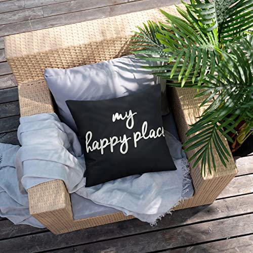 Black and White Outdoor Pillows 18x18 Inch Decorative Waterproof Throw Pillow Covers with My Happy Place for Patio Furniture Couch Tent Park Set of 2,Black