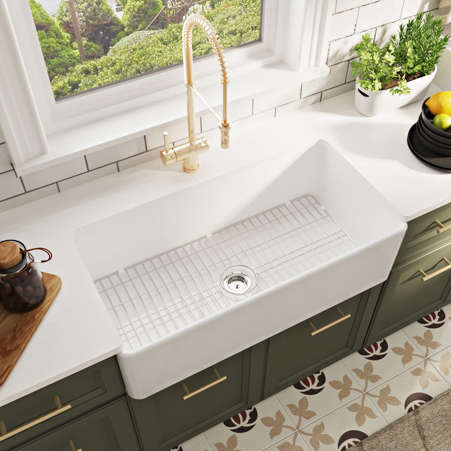 DeerValley Farmhouse Sink, DV-1K505 Grove 36"L x 18"W Fireclay Farmhouse Sink White Apron Front Deep Single Bowl Kitchen Sink with Sink Grid and Basket Strainer