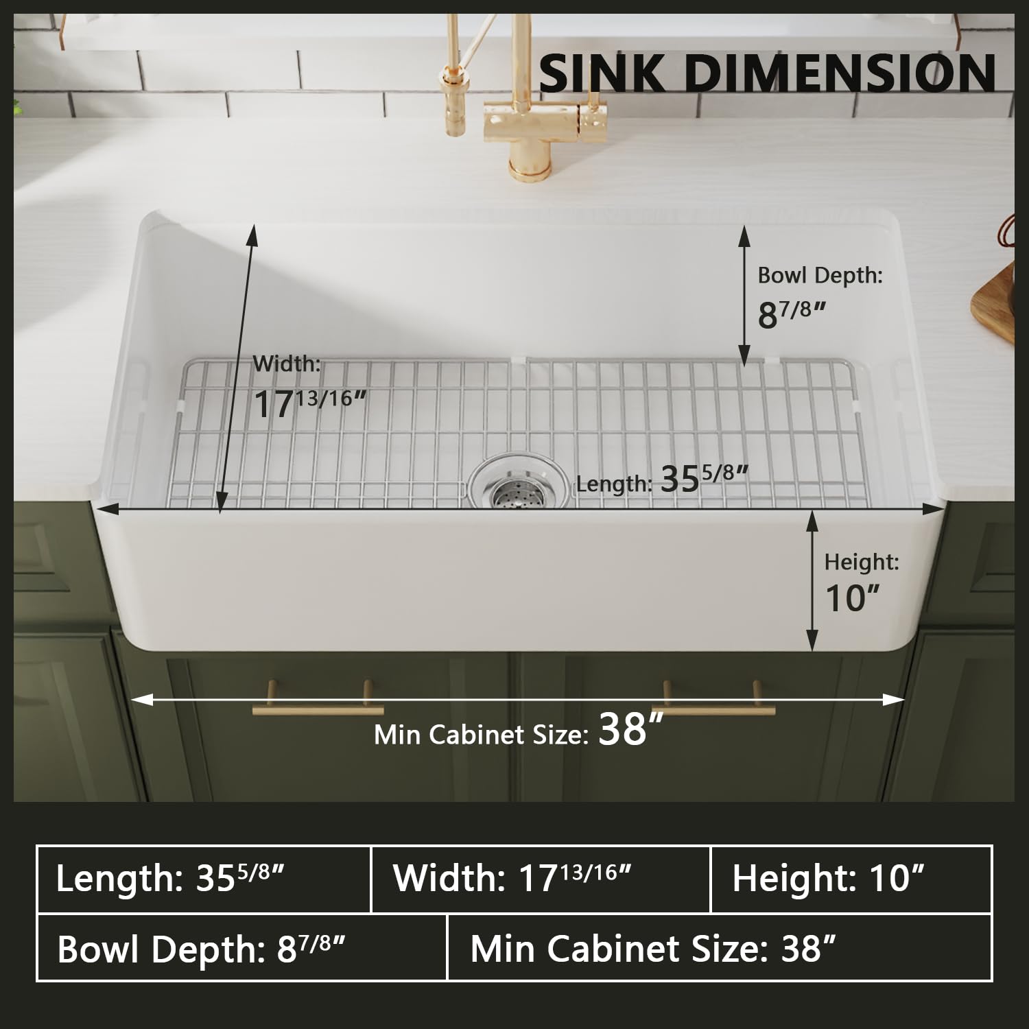 DeerValley Farmhouse Sink, DV-1K505 Grove 36"L x 18"W Fireclay Farmhouse Sink White Apron Front Deep Single Bowl Kitchen Sink with Sink Grid and Basket Strainer
