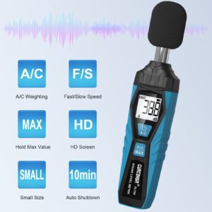 Decibel Meter, CURCONSA SPL Meter, Portable Sound Level Meter, 30dB to 130dB, LCD Display, can be Used in Homes, Factories and Streets(Blue)