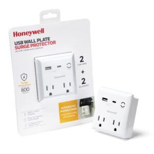 honeywell usb wall plate surge protector with two ac outlets, usb-a and usb-c charging ports, surge protection, 800 joules, 3.1 amp charging output power