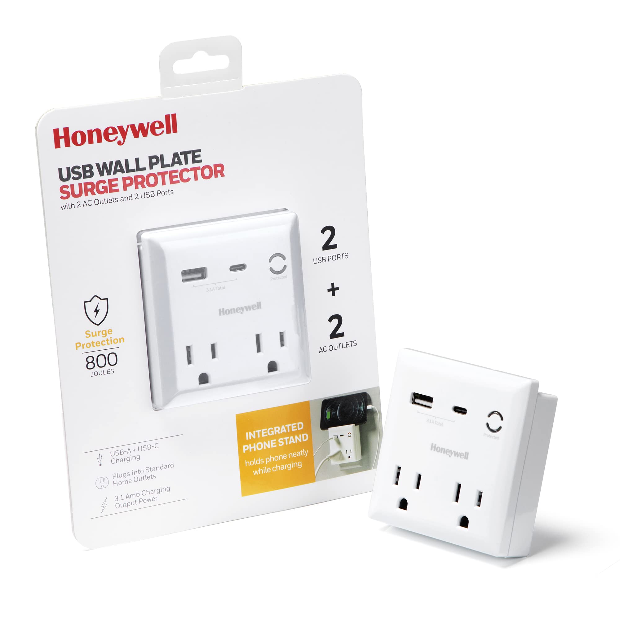 Honeywell USB Wall Plate Surge Protector with Two AC Outlets, USB-A and USB-C Charging Ports, Surge Protection, 800 Joules, 3.1 AMP Charging Output Power