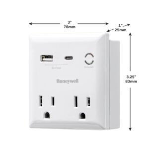 Honeywell USB Wall Plate Surge Protector with Two AC Outlets, USB-A and USB-C Charging Ports, Surge Protection, 800 Joules, 3.1 AMP Charging Output Power