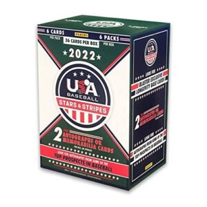 2022 panini usa baseball stars & stripes blaster box (6 pks/bx, two memorabilia and/or autograph cards/bx)