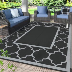 genimo 6' x 9' outdoor rug waterproof for patio decor, foldable reversible plastic straw area rugs mat for camper, outside carpet for rv, deck, porch, picnic, beach, balcony, black & grey