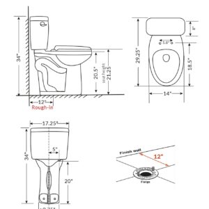 WinZo WZ5888 Elongated Two Piece Toilet with Extra Tall Bowl 21.25” Comfortable 1.28 GPF Side Flush White