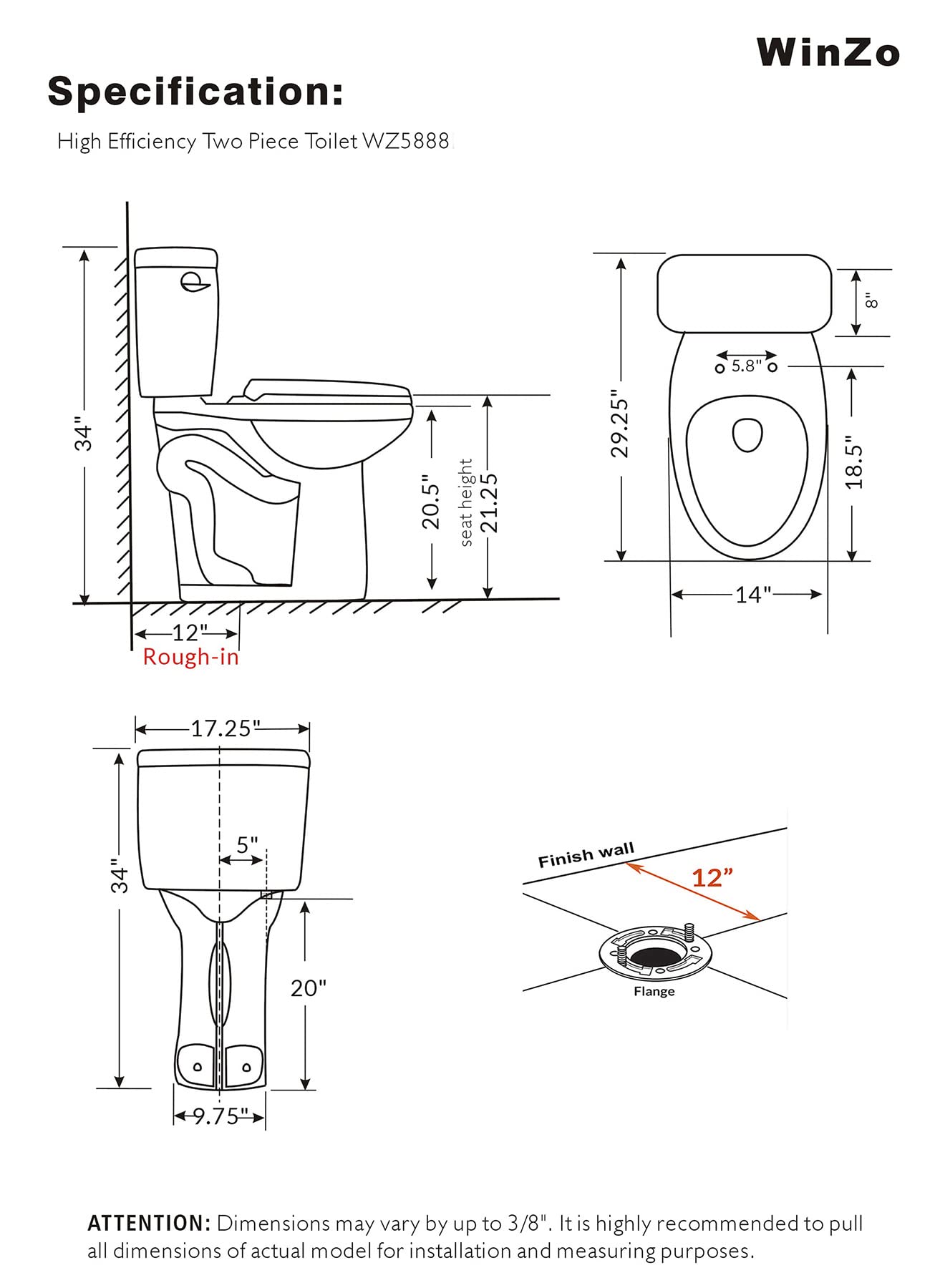 WinZo WZ5888 Elongated Two Piece Toilet with Extra Tall Bowl 21.25” Comfortable 1.28 GPF Side Flush White