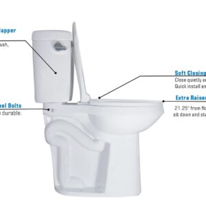 WinZo WZ5888 Elongated Two Piece Toilet with Extra Tall Bowl 21.25” Comfortable 1.28 GPF Side Flush White