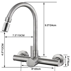 Wall Mount Unility Kitchen Sink Faucet Brushed 8 Inch Center Faucet with Gooseneck Swivel Spout Single Handle Kitchen Faucet Utility Laundry Restaurant Mixer Tap Stainless Steel Constructed Lead-Free