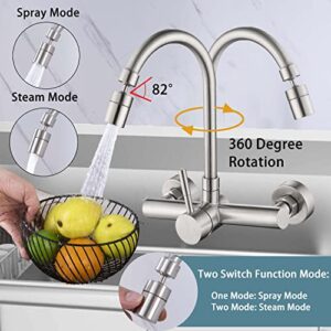 Wall Mount Unility Kitchen Sink Faucet Brushed 8 Inch Center Faucet with Gooseneck Swivel Spout Single Handle Kitchen Faucet Utility Laundry Restaurant Mixer Tap Stainless Steel Constructed Lead-Free