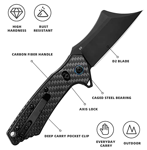 AEMEXT Pocket Knife EDC Folding Knife Assisted Opening Knives with D2 Steel Blade and Carbon Fiber Handle for Outdoor Tactical Survival Camping Hiking Fishing, Black Pocket Knife for Men & Women