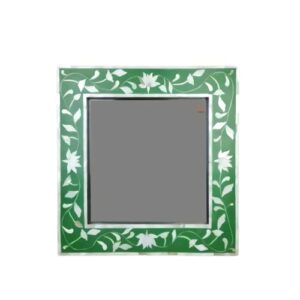 handmade mother of pearl inlay green floral pattern square mirror frame for home decor | handcrafted mop inlay green square floral pattern mirror frame