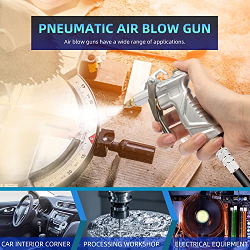 Air Gun for Compressor, Air Blow Gun with Brass Adjustable Air Nozzle, Air Tools, Air Compressor Accessories with Air Nozzle Hose, Industrial Pneumatic Tools (Silver Air Gun + 4 Air Nozzle)