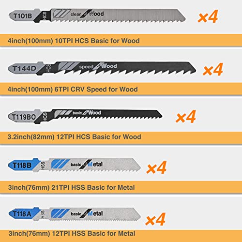 20 PCS Jigsaw Blades Set, Assorted T-Shank Replacement Jig Saw Blades Set for Cutting Wood and Metal,