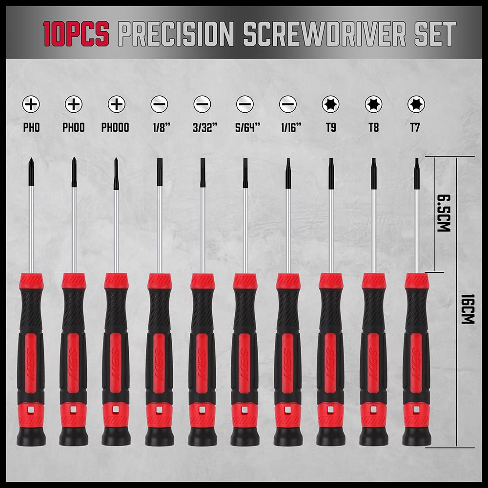 11-Piece Precision Screwdriver Set - Magnetic Mini Screwdrivers for Eyeglasses, Watches, Computers, Laptops, Phones - Phillips, Slotted, Torx, Non-Slip Handle, Portable Storage Bag Included