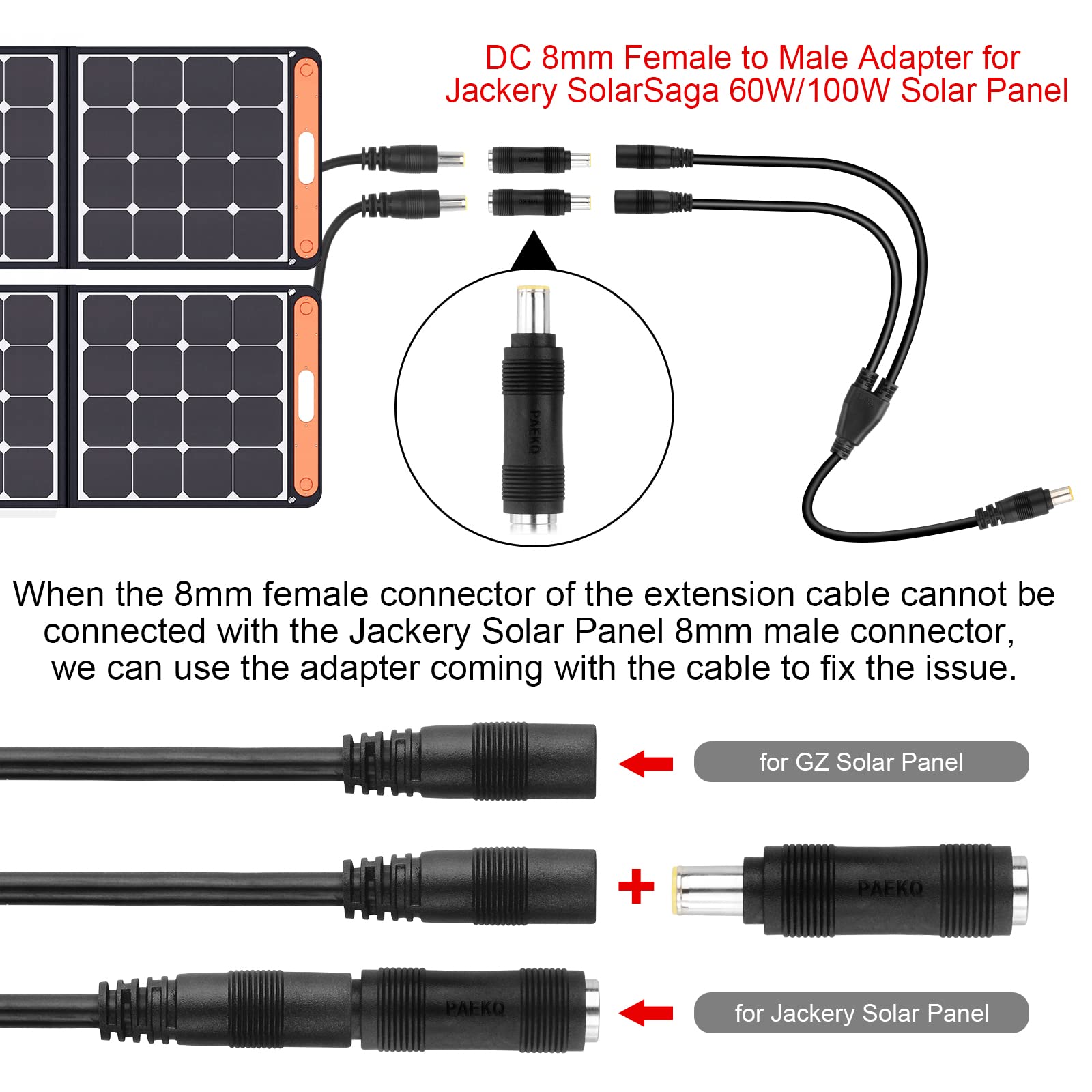 PAEKQ Solar Adapter 8mm Splitter, DC8mm Female and Male Combiner Cable Y Splitter Adapter Cable for Solar Panel Portable Power Station Compatible with Jackery Goal Zero