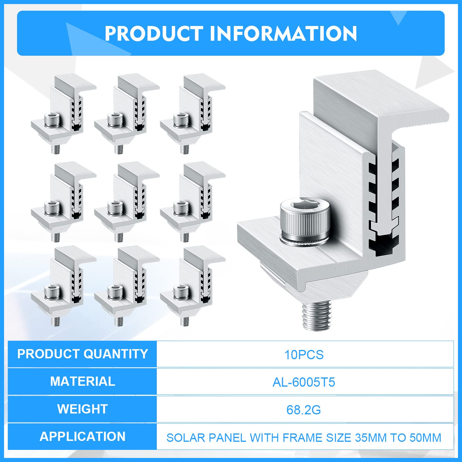 Zhengmy Solar End Clamp Solar Panel Mounting Z Bracket Mid Clamps Aluminum Rail End Clamps Adjustable Panels Grounding Gutter Kit for Solar Panel PV Mounting System Install Accessories (10 Pack)